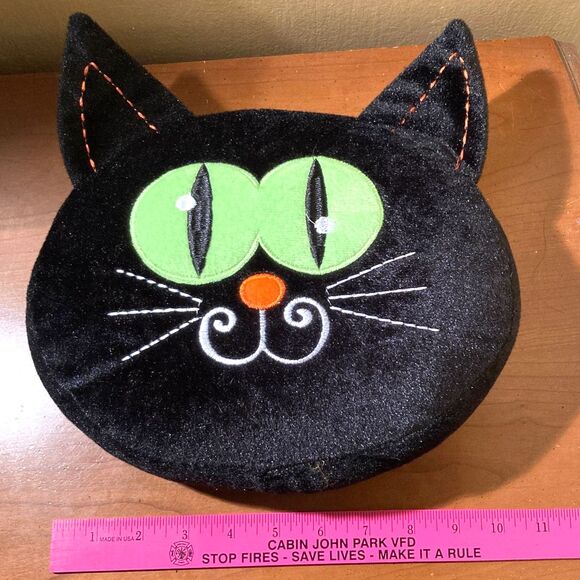 Velvet Kitty Cat Pillow Black Green Orange White Embroidered 10 x 2 x 8 inches - Picture 2 of 4